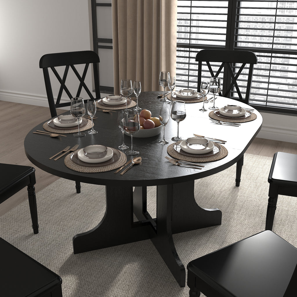 Farmhouse Kitchen Dining Table 59x43 Inch Expandable Oval Top with Removable Leaf Black MDF - Grand Goldman Shop