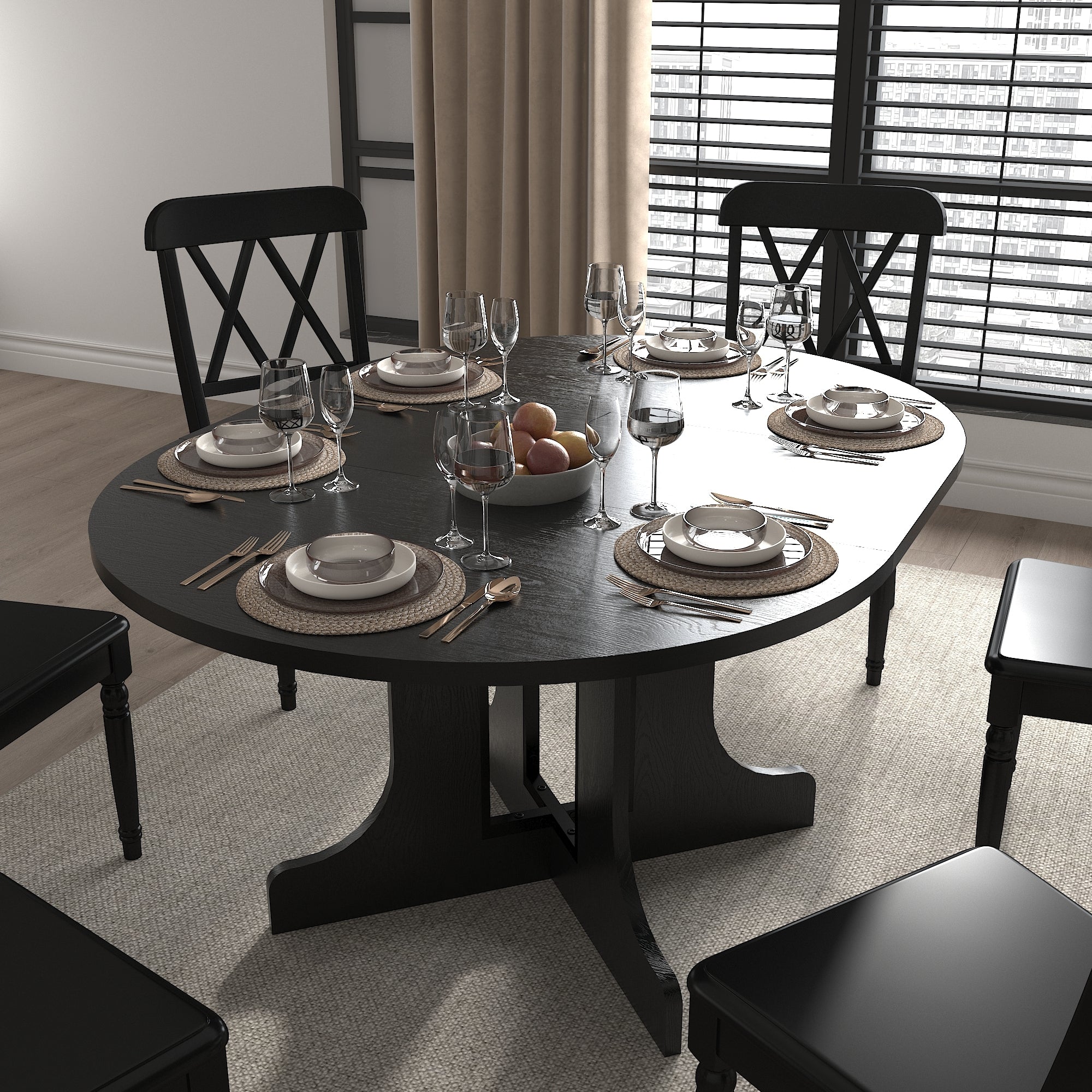 Farmhouse Kitchen Dining Table 59x43 Inch Expandable Oval Top with Removable Leaf Black MDF - Grand Goldman Shop