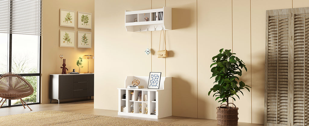 ON-TREND Shoe Storage Bench with Shelves and 4 Hooks, Elegant Hall Tree with Wall Mounted Coat Rack, Entryway Organizer For Hallway, Foyer, Mudroom, White - Grand Goldman Shop