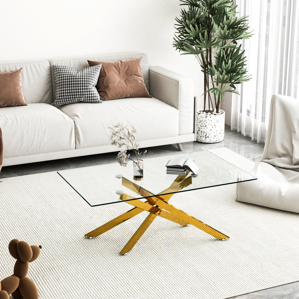 39.37' Rectangular Clear Tempered Glass Coffee Table,Stylish Design with Golden Metal Legs, Coffee Table for Living Room - Grand Goldman Shop