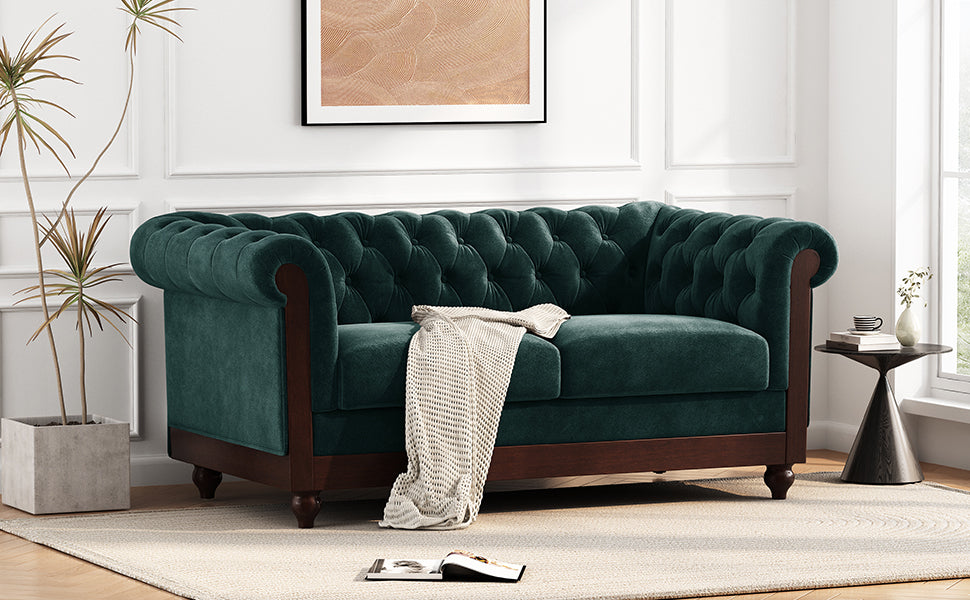 VIVALUX Chesterfield Velvet Loveseat Sofa 2-Person Rolled Arm Upholstered Couch Forest Green 59.44' - Grand Goldman Shop