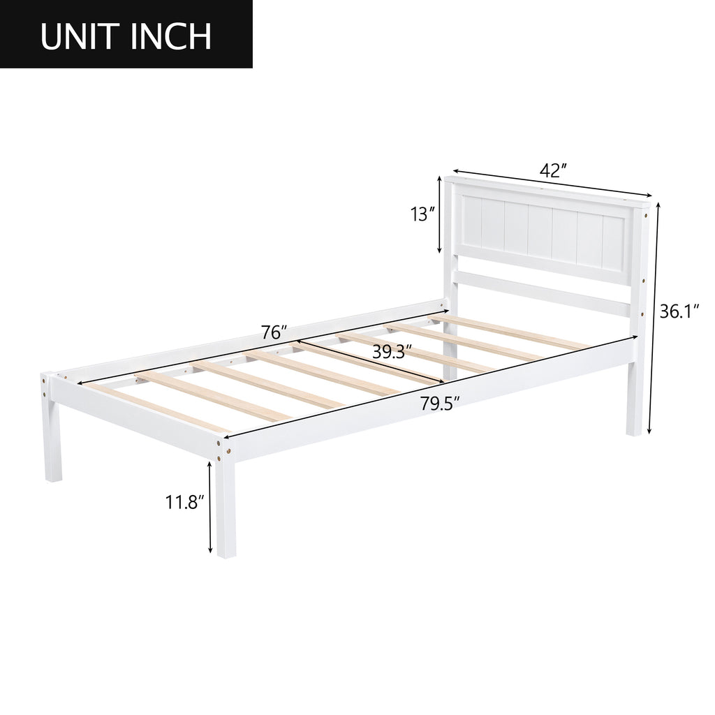 White Platform Bed Frame with Headboard, Wood Slat Support, No Box Spring Needed, Twin, Pine and MDF - Grand Goldman Shop