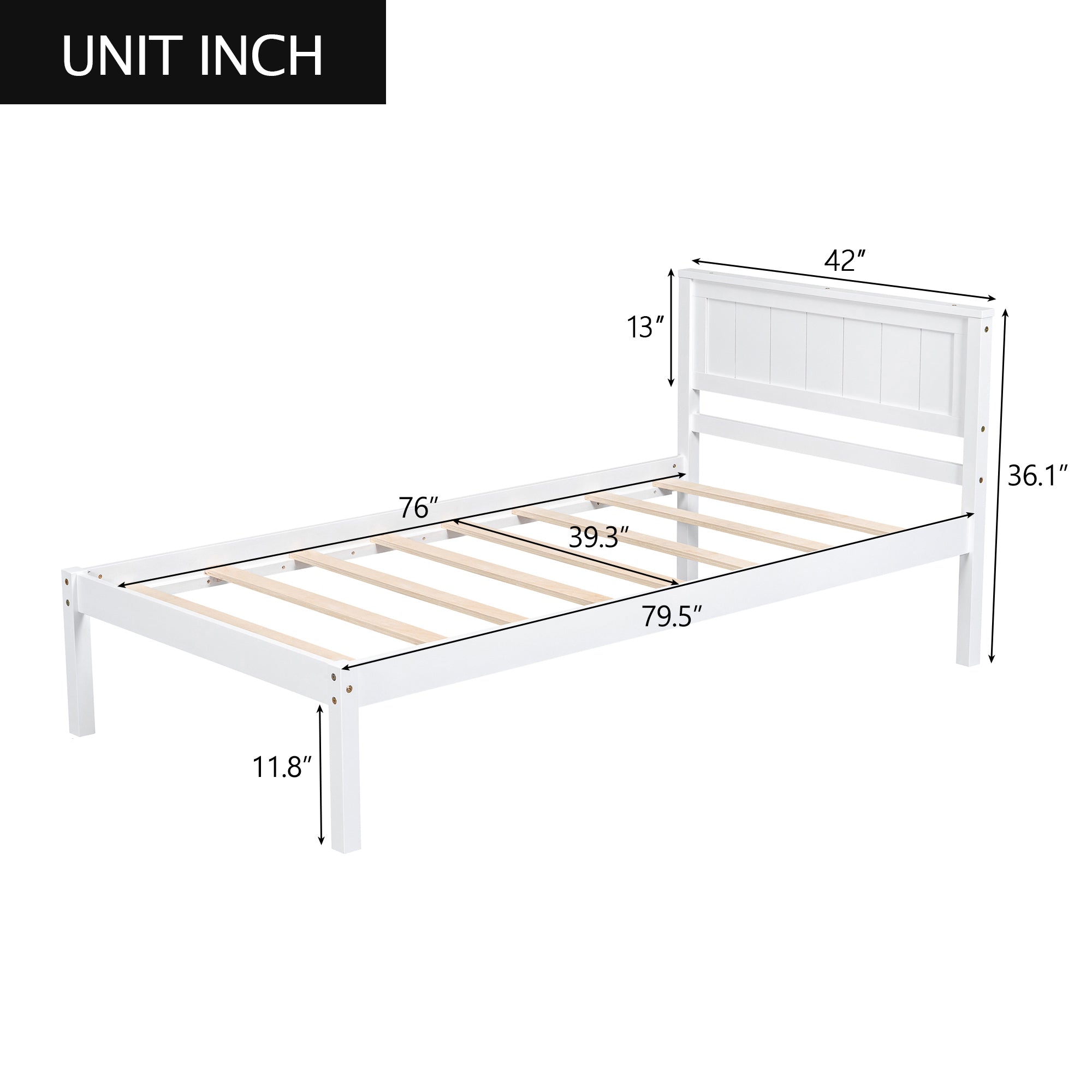 White Platform Bed Frame with Headboard, Wood Slat Support, No Box Spring Needed, Twin, Pine and MDF - Grand Goldman Shop