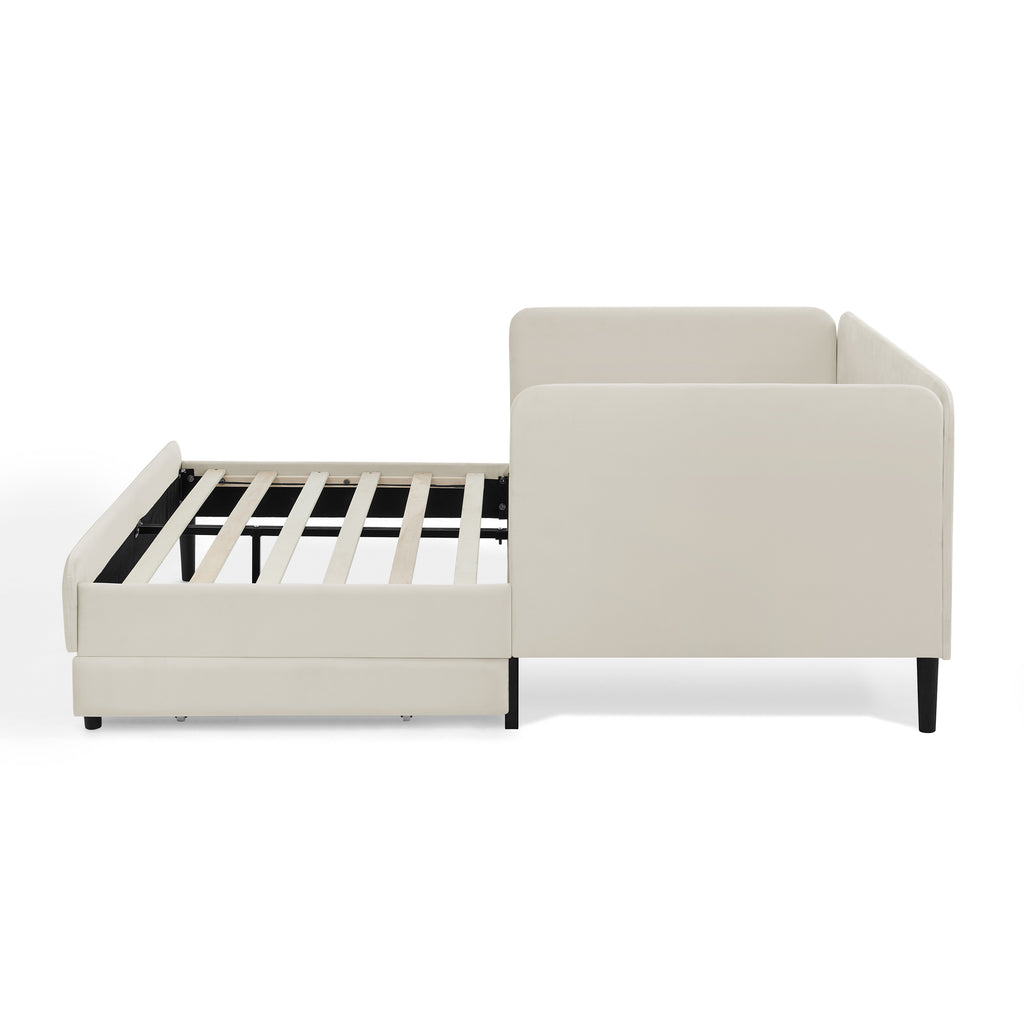 Beige Velvet Upholstered Platform Bed Frame with 2 Storage Drawers and Adjustable Sofa Bed, Full Size - Grand Goldman Shop