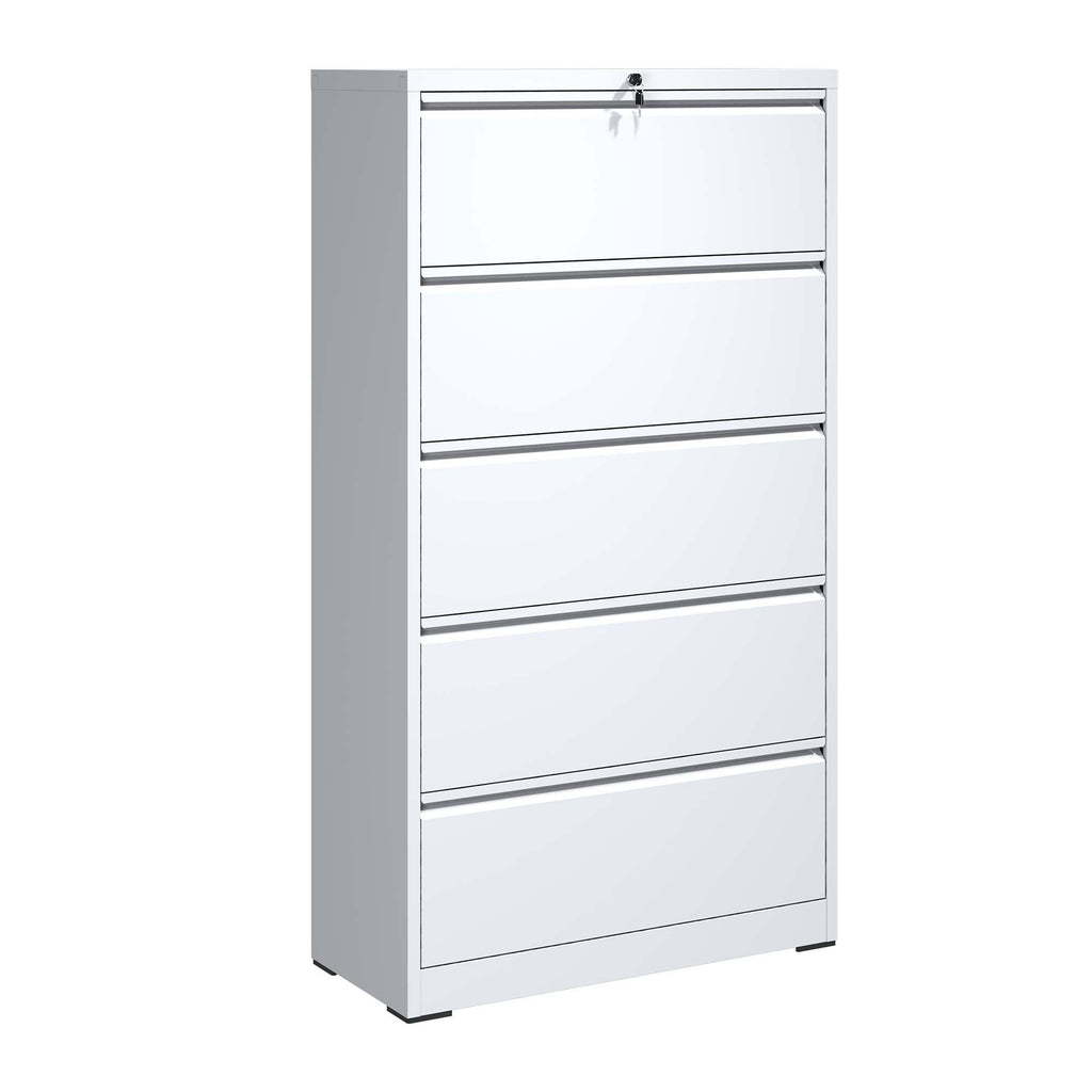 5 Drawer Metal Lateral File Cabinet , White Filing Cabinet with Lock, Lockable File Cabinet for Home Office, Locking Metal Fi