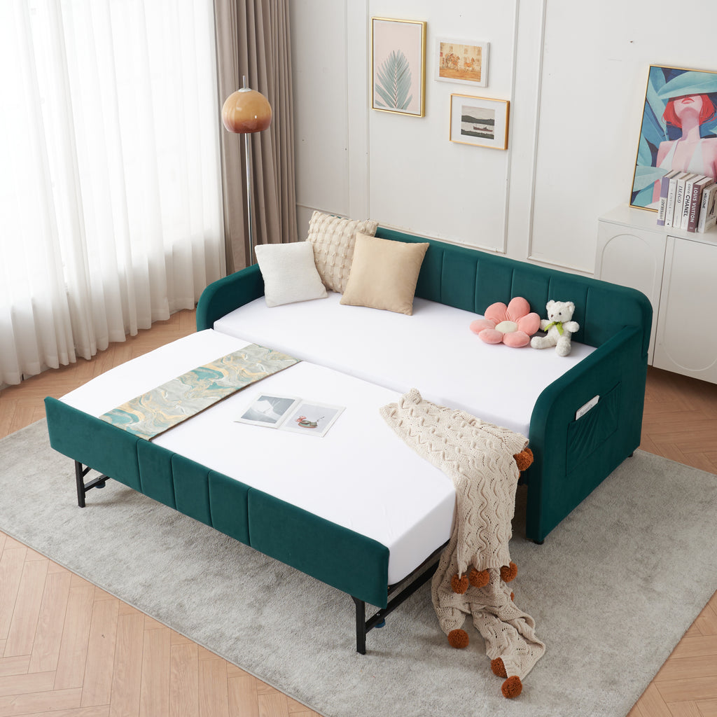 Twin Upholstered Daybed Frame with Trundle, Twin Size Sofa Bed for Bedroom Living Room Guest Room, Wood Slat Support,Emerald - Grand Goldman Shop