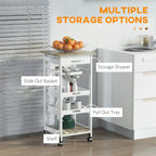 HOMCOM Mobile Kitchen Cart, Rolling Kitchen Island with Storage, Solid Wood Frame Utility Cart with Wire Fruit Baskets, Trays and Drawer, White - Grand Goldman Shop