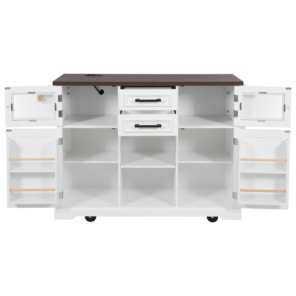 K&K 54.9' Kitchen Island with Drop Leaf, Power Outlet, Kitchen Storage Cart with 4 Door Shelves, Cross Barn Doors & Visual Glass Door, Rolling Kitchen Island on 4 Wheels for Kitchen, Dining Room,White - Grand Goldman Shop