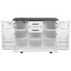 K&K 54.9' Kitchen Island with Drop Leaf, Power Outlet, Kitchen Storage Cart with 4 Door Shelves, Cross Barn Doors & Visual Glass Door, Rolling Kitchen Island on 4 Wheels for Kitchen, Dining Room,White - Grand Goldman Shop