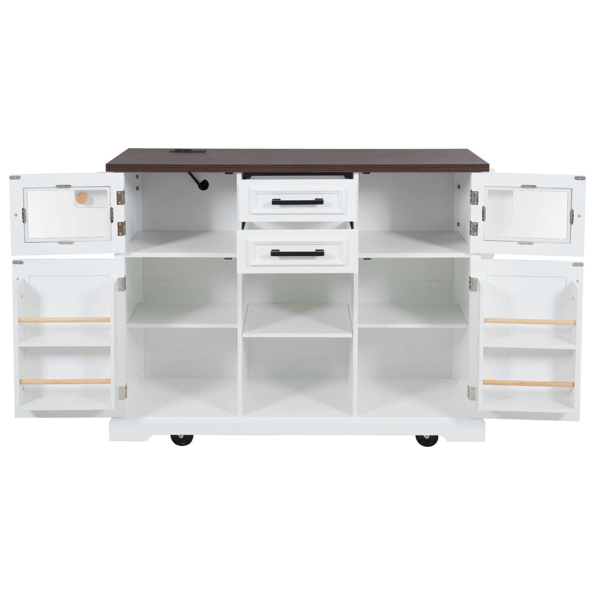 K&K 54.9' Kitchen Island with Drop Leaf, Power Outlet, Kitchen Storage Cart with 4 Door Shelves, Cross Barn Doors & Visual Glass Door, Rolling Kitchen Island on 4 Wheels for Kitchen, Dining Room,White - Grand Goldman Shop