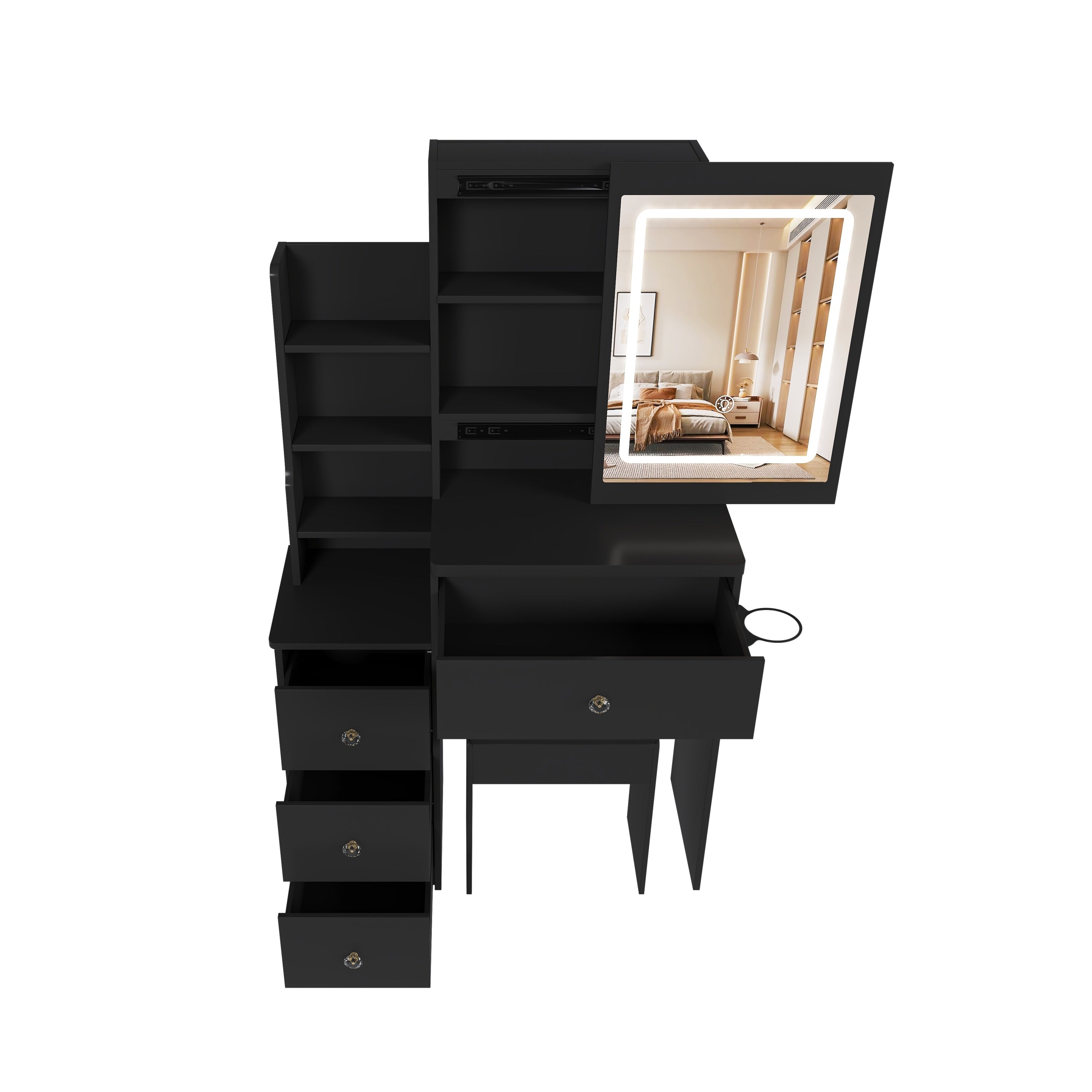 Modern Vanity Desk with 3 LED Lighting Modes, 4 Drawers, Open Shelves, Hair Dryer Holder & Power Socket, Black MDF Dressing Table Set with Chair - Grand Goldman Shop