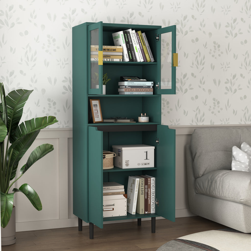 Tempered Glass Door Tall Storage Bookcase with adjustable board, 4 doors MDF painting finished cabinet, Green, Living room Bedroom storage - Grand Goldman Shop
