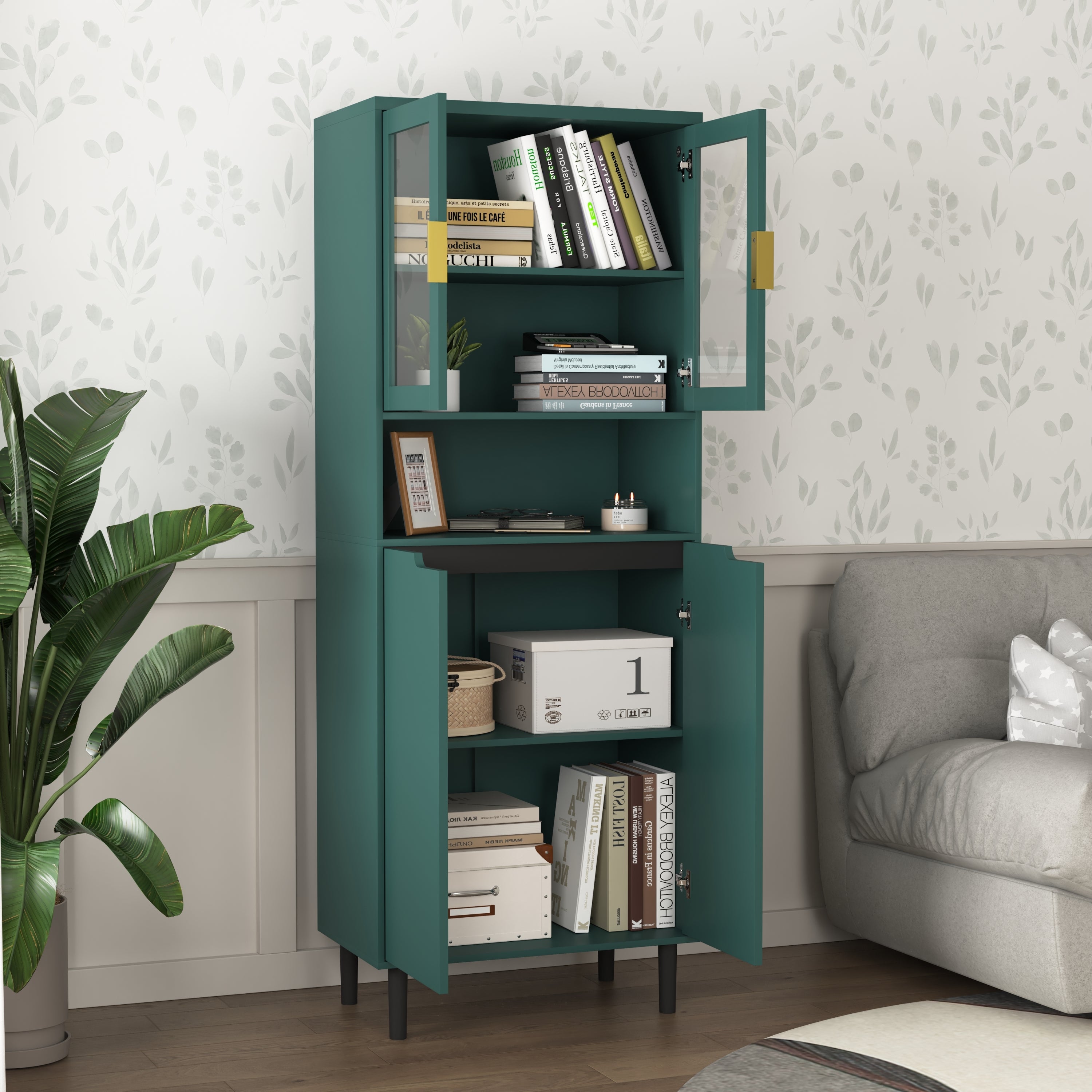 Tempered Glass Door Tall Storage Bookcase with adjustable board, 4 doors MDF painting finished cabinet, Green, Living room Bedroom storage - Grand Goldman Shop