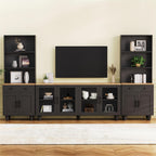 Farmhouse TV Stand with Solid Wood Gourd-Shaped Legs for TVs Up to 70', Entertainment Center with Bookshelves & Tempered Glass Doors, Media Console with Adjustable Shelves, Living Room, Black - Grand Goldman Shop