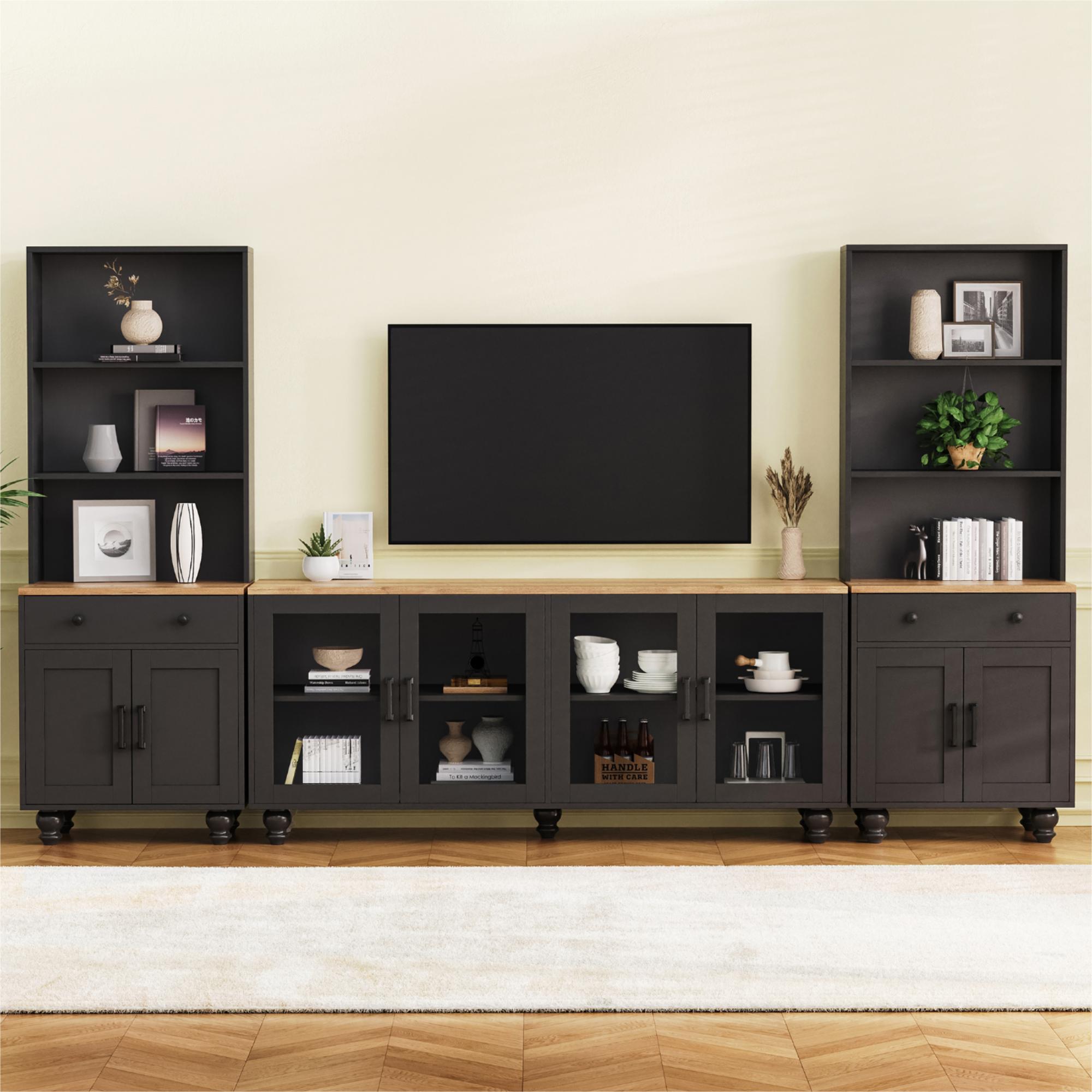 Farmhouse TV Stand with Solid Wood Gourd-Shaped Legs for TVs Up to 70', Entertainment Center with Bookshelves & Tempered Glass Doors, Media Console with Adjustable Shelves, Living Room, Black - Grand Goldman Shop
