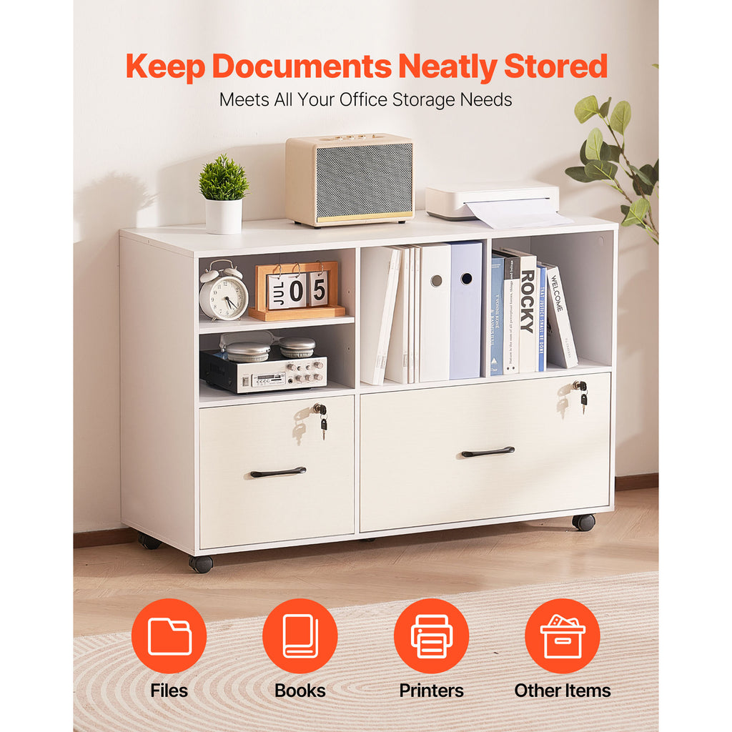 2 Drawer Wooden File Cabinet, Mobile Filing Cabinet with Open Shelves, Lockable Lateral Rolling File Storage with Adjustable 