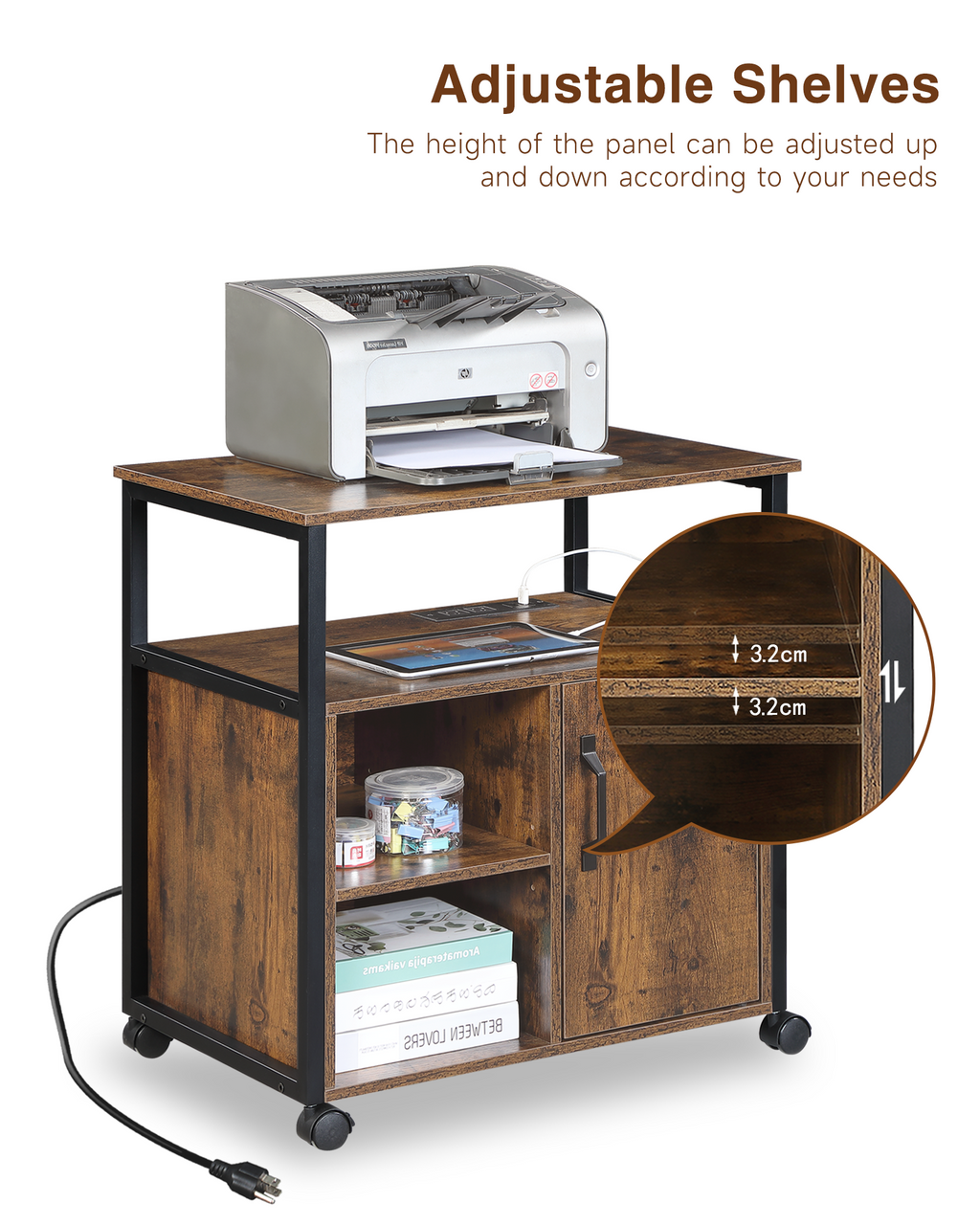File Cabinet,Office Filing Cabinets with Socket and USB Charging Port,Printer Stand with Storage for A4, Letter Size,Metal Si