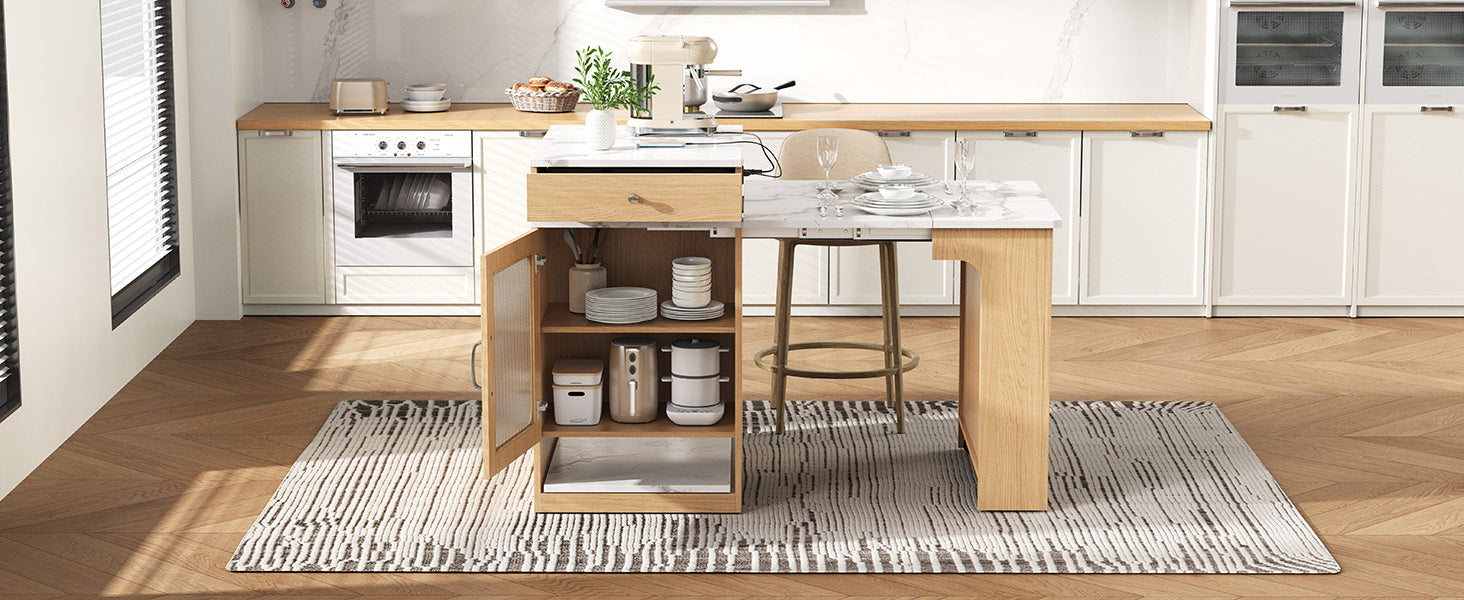 K&K 59.5'Kitchen Island with Extendable Dining Table, Kitchen Storage Table with Double-sided Storage, Kitchen Island with 2 Drawers, Power Outlet, Side Open Shelves, for Kitchen, Dining Room, Natural - Grand Goldman Shop
