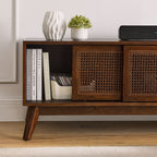 59 Inch Mid Century Modern Rattan TV Stand for 65 Inch TV, Entertainment Cabinet, Media Console for Living Room Media Room, Solid Wood Feet & Rattan Cabinet Doors - Dark Wood - Grand Goldman Shop