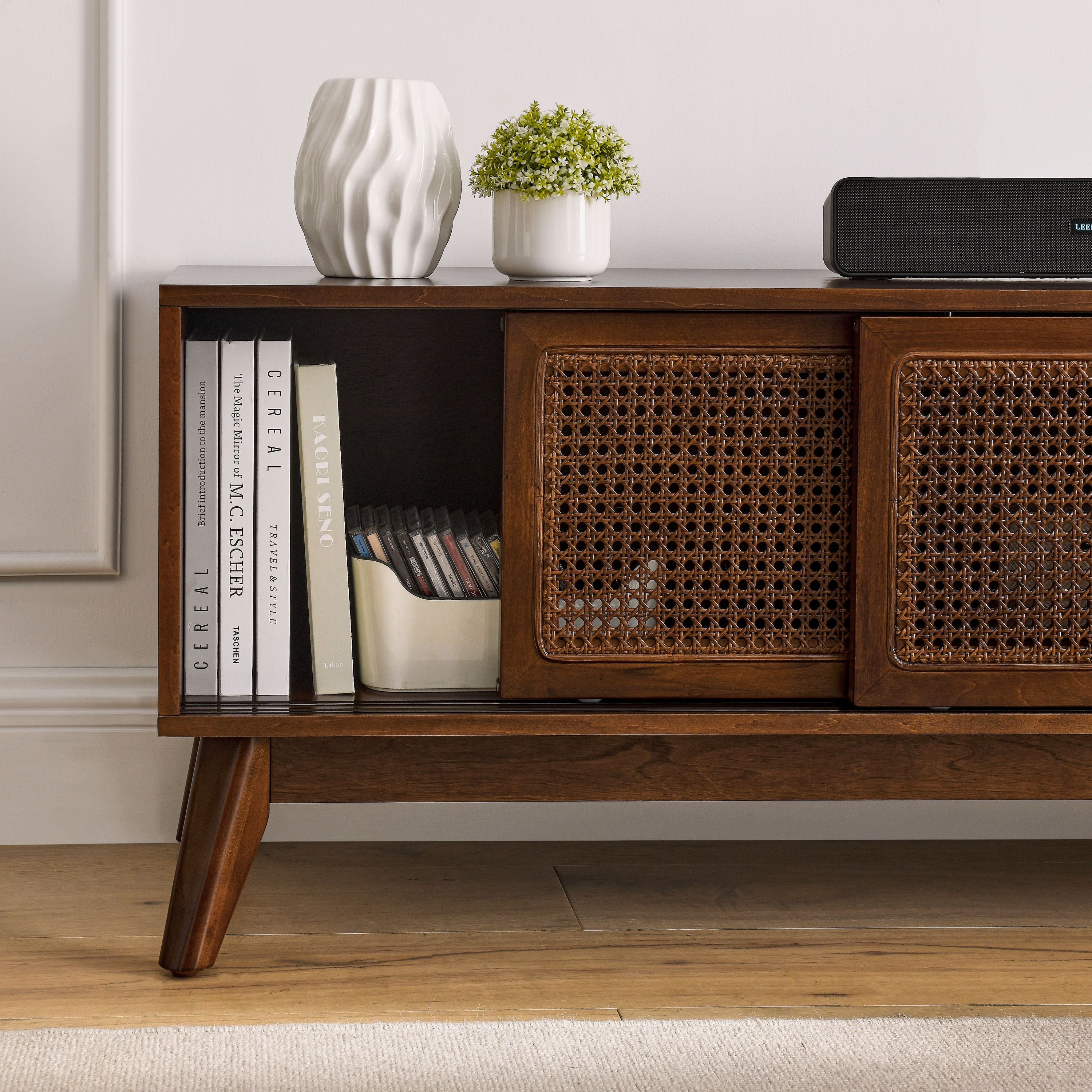 59 Inch Mid Century Modern Rattan TV Stand for 65 Inch TV, Entertainment Cabinet, Media Console for Living Room Media Room, Solid Wood Feet & Rattan Cabinet Doors - Dark Wood - Grand Goldman Shop