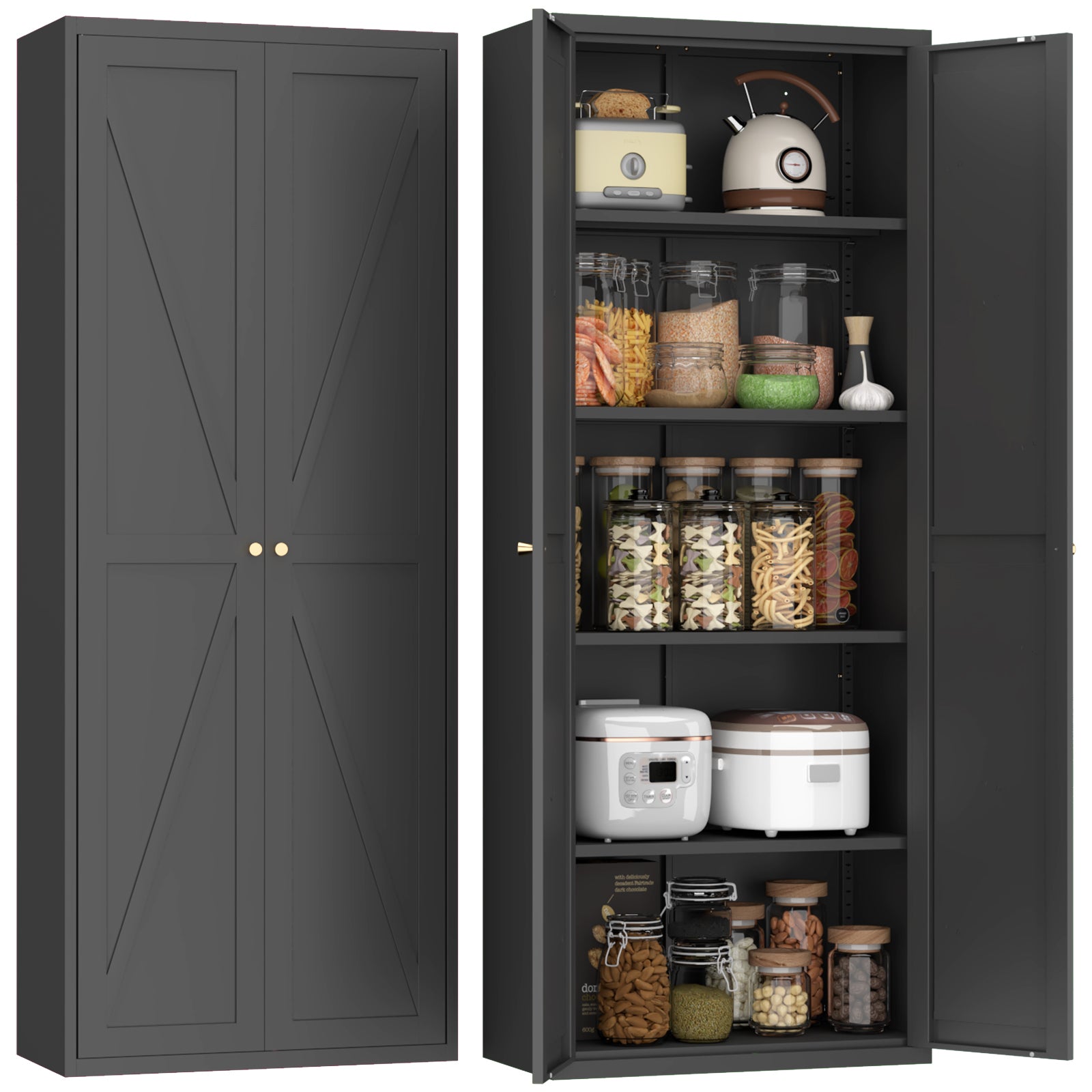 Black Metal Kitchen Pantry Cabinet with Adjustable Shelves and Gold Handles, Tall Steel Storage Locker for Kitchen, Living Ro