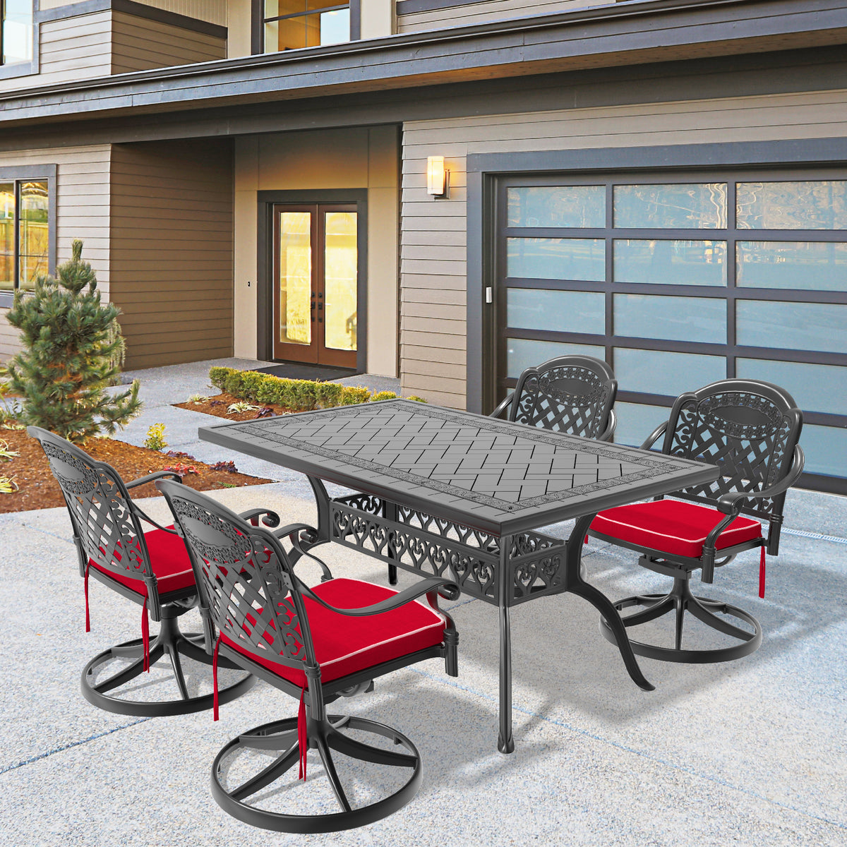 5-Piece All-Weather Cast Aluminum Dining Set, Include 4 Swivel Chairs and Rectangular Table With Black Frame(same sku:W1710S00456)