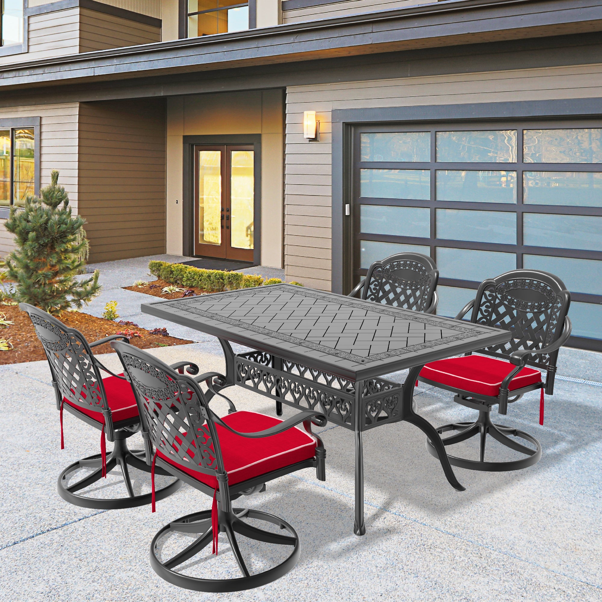 5-Piece All-Weather Cast Aluminum Dining Set, Include 4 Swivel Chairs and Rectangular Table With Black Frame(same sku:W1710S00456)