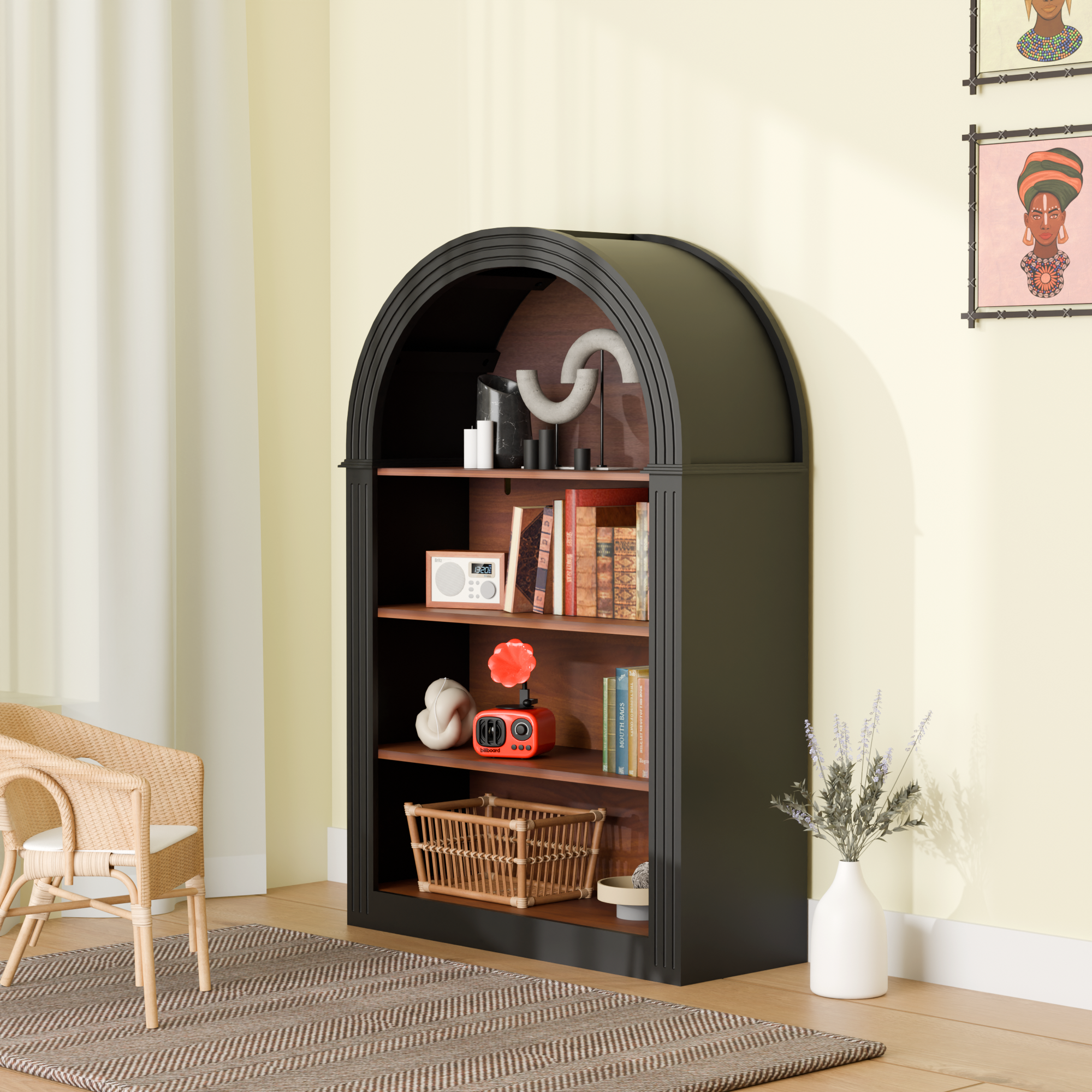 Bookcase, 4-Shelf Tall Bookshelf, 45.66' Wood Open Display Floor Arched Bookcase, Large Storage Organizer for Library, Bedroom, and Living Room (Black) - Grand Goldman Shop