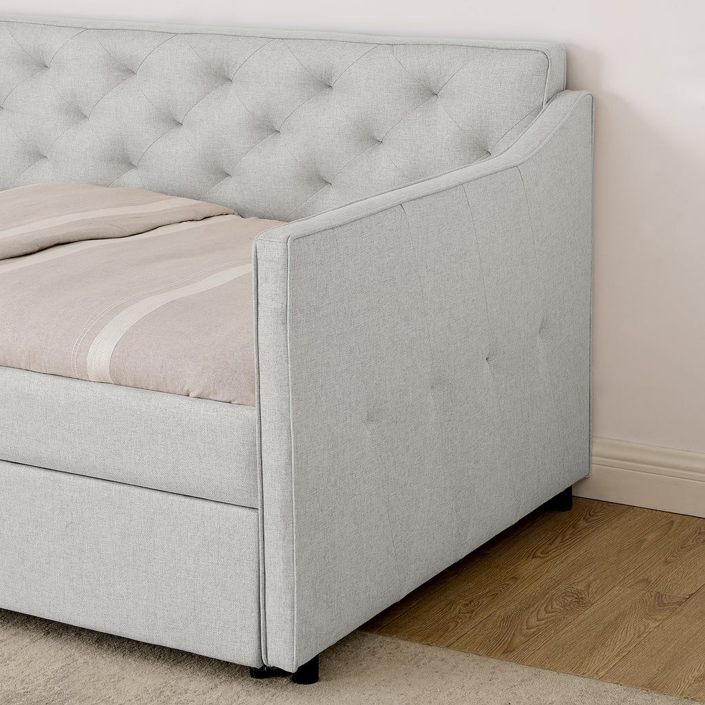 Beige Linen Upholstered Twin Daybed with Pop-up Trundle and USB Charging Armrest - Grand Goldman Shop