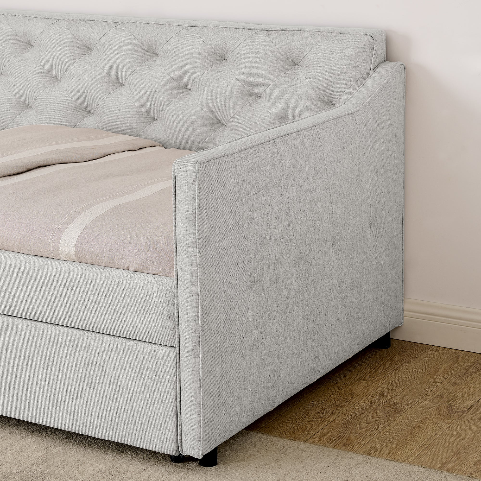 Beige Linen Upholstered Twin Daybed with Pop-up Trundle and USB Charging Armrest - Grand Goldman Shop