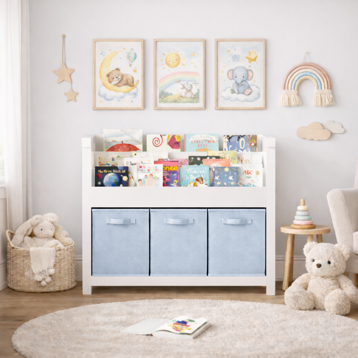 Kids Bookshelf with 3 Tier Front-Facing Storage and 3 Fabric Bins, Wooden Toddler Bookcase for Playroom, Nursery, Bedroom – K