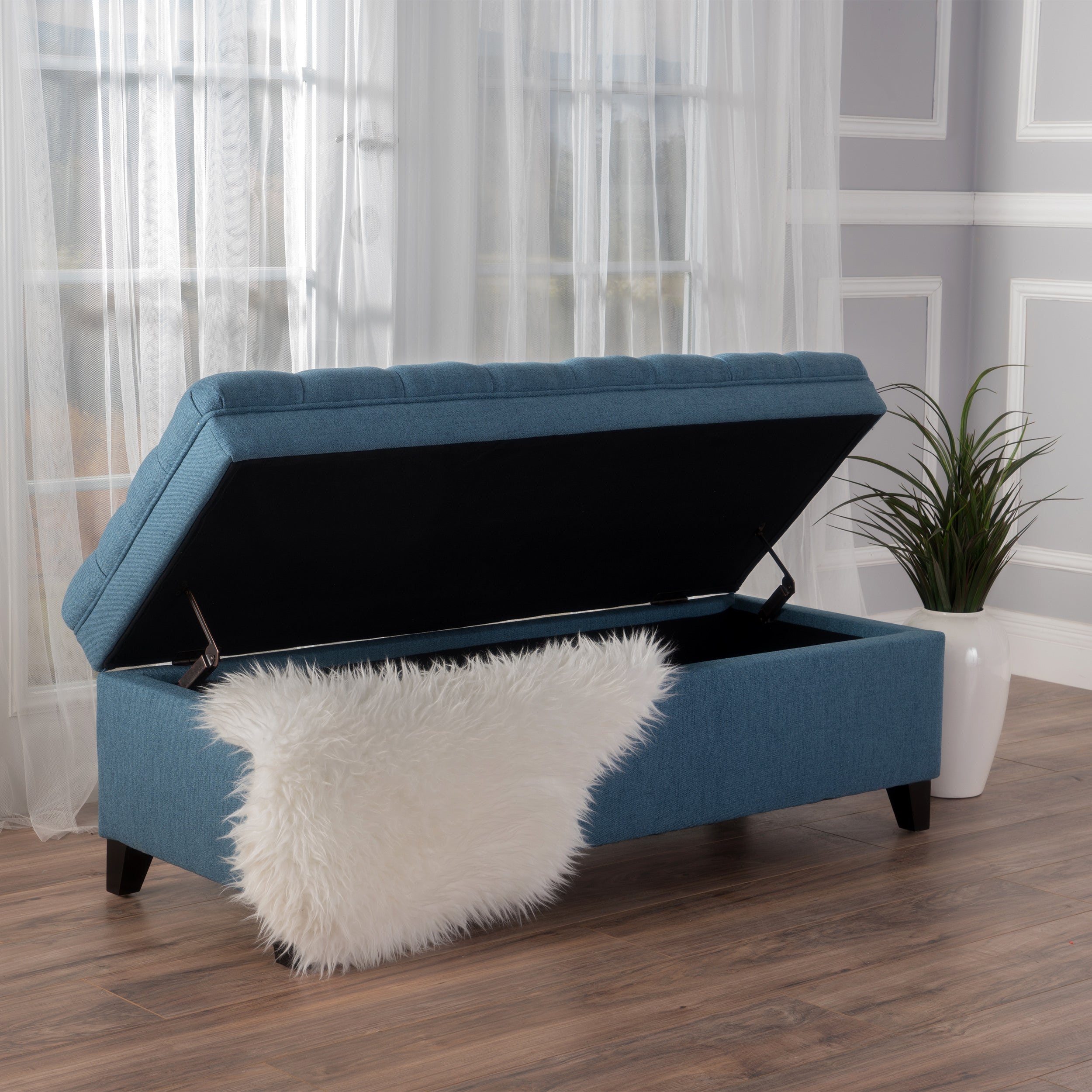 Juliana Storage Ottoman with Stylish Design in Blue Fabric and Birch Legs - Grand Goldman Shop