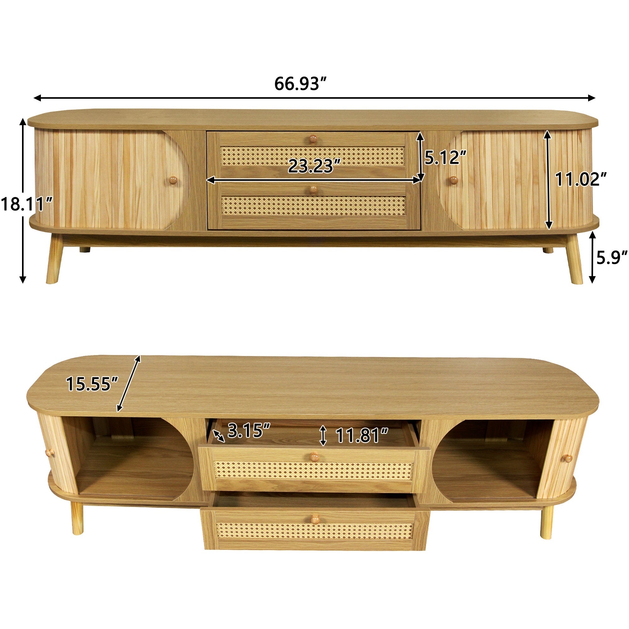 Modern Farmhouse Rattan TV Stand for TVs up to 75'', Solid Wood Legs, Natural Wood Finish Media Console with Storage Drawers and Sliding Doors - Grand Goldman Shop