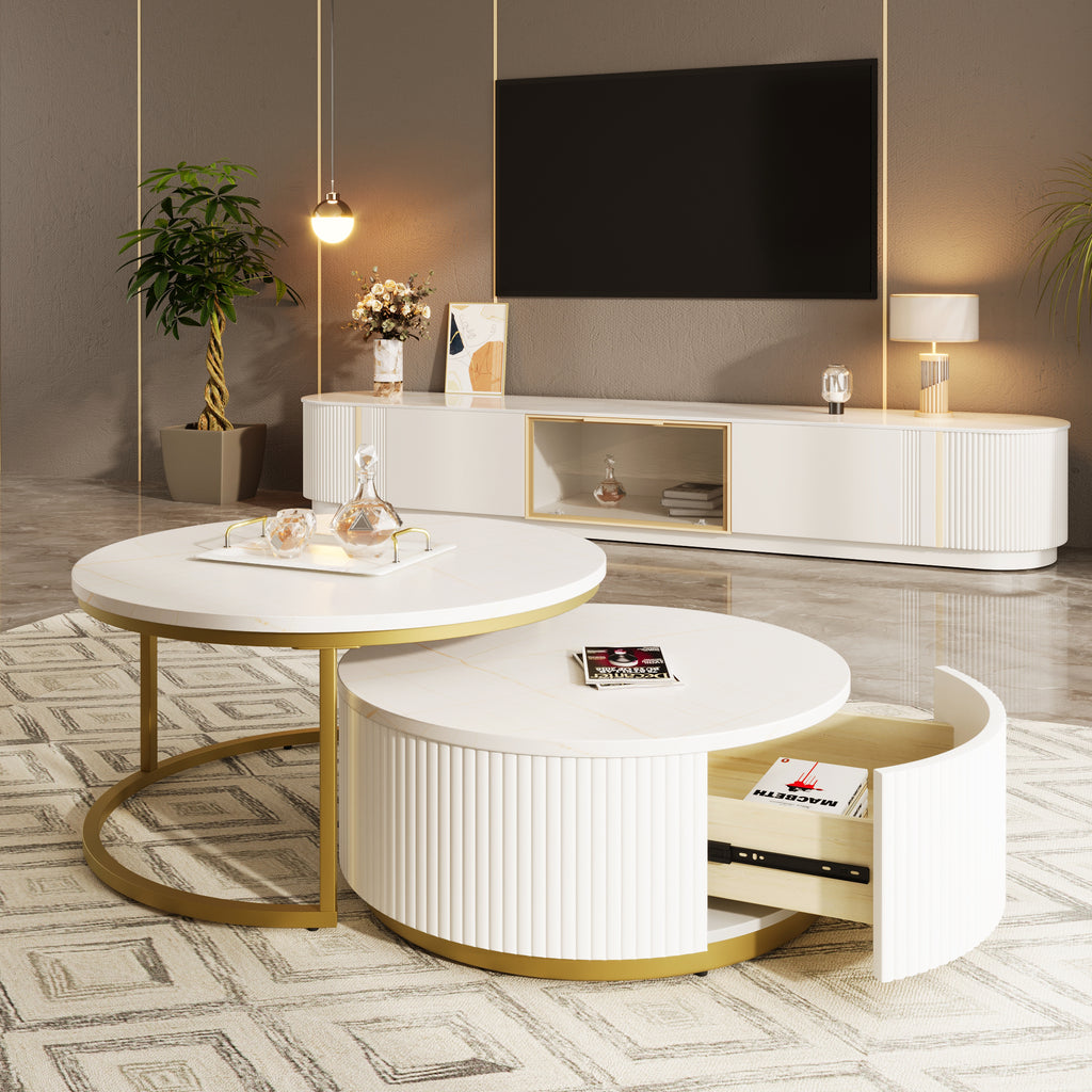 Modern Round Nesting Coffee Table Fluted with Drawer in White & Gold in 31.5'' - Grand Goldman Shop