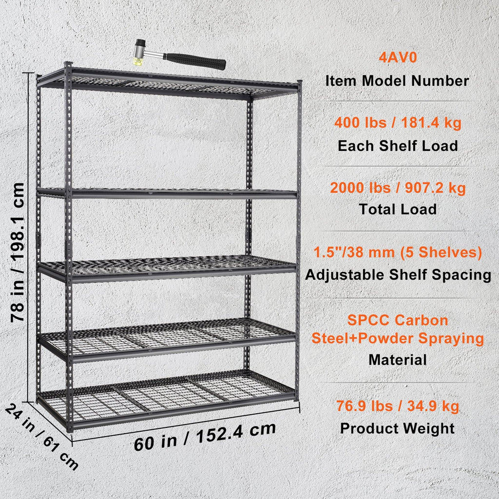 Storage Shelving Unit, 5-Tier Adjustable, 2000 lbs Capacity, Heavy Duty Garage Shelves Metal Organizer Wire Rack, Black, 60' L x 24' W x 78' H for Kitchen Pantry Basement Bathroom Laundry Closet - Grand Goldman Shop