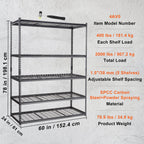 Storage Shelving Unit, 5-Tier Adjustable, 2000 lbs Capacity, Heavy Duty Garage Shelves Metal Organizer Wire Rack, Black, 60' L x 24' W x 78' H for Kitchen Pantry Basement Bathroom Laundry Closet - Grand Goldman Shop