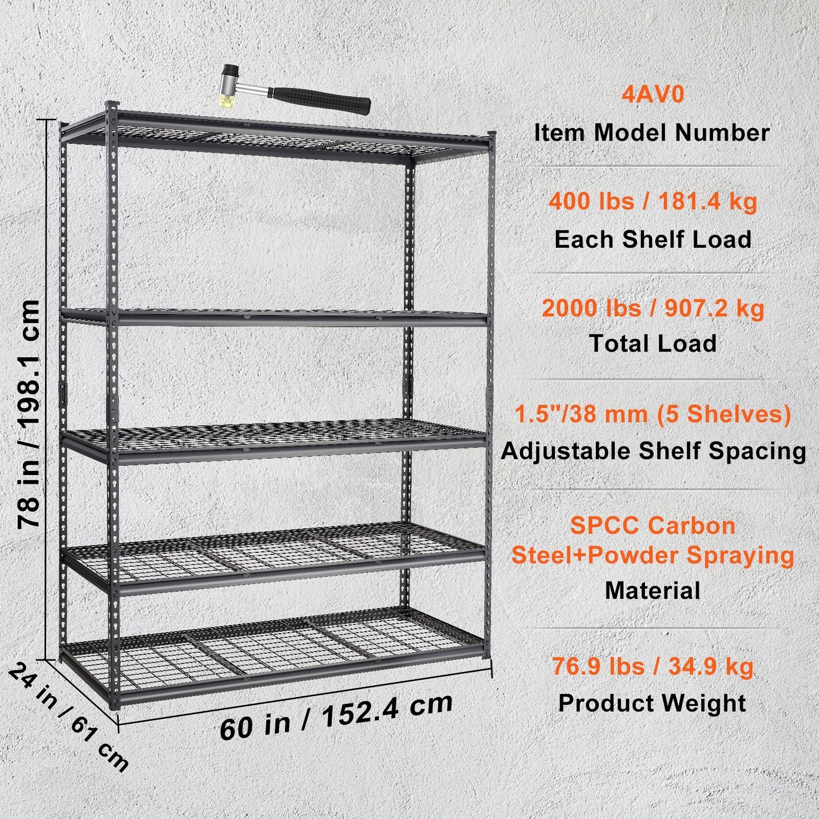 Storage Shelving Unit, 5-Tier Adjustable, 2000 lbs Capacity, Heavy Duty Garage Shelves Metal Organizer Wire Rack, Black, 60' L x 24' W x 78' H for Kitchen Pantry Basement Bathroom Laundry Closet - Grand Goldman Shop
