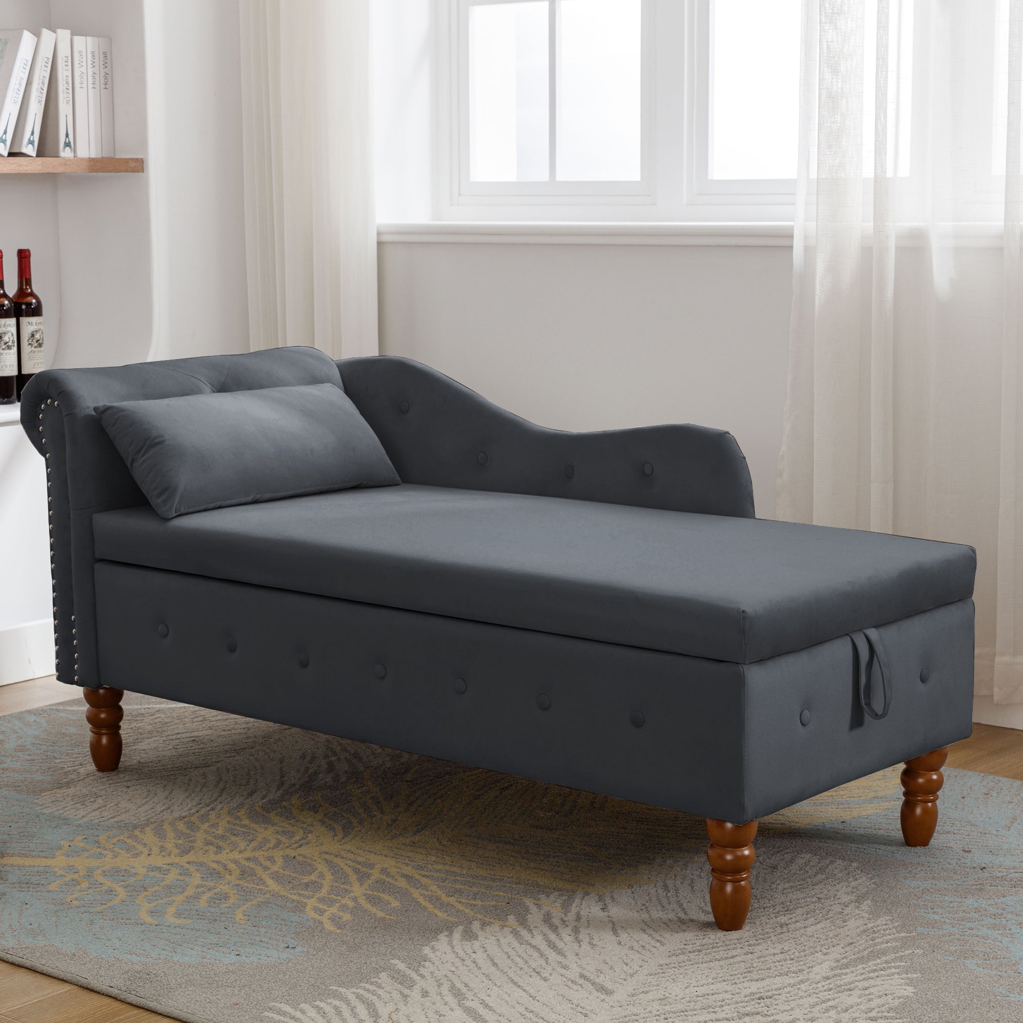 Black Chaise Lounge Indoor, Velvet Lounge Chair for Bedroom with Storage & Pillow, Modern Upholstered Rolled Arm Chase Lounge for Sleeping with Nailhead Trim for Living Room Bedroom Office - Grand Goldman Shop