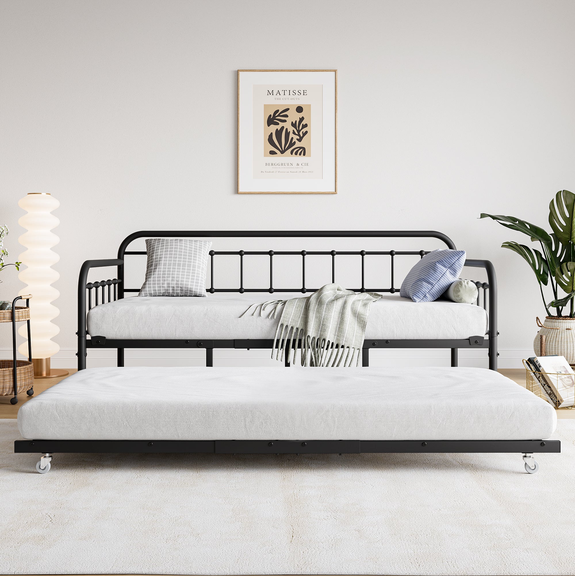 Twin Size Metal Daybed Frame with Trundle, Heavy Duty Steel Slat Support Sofa Bed Platform with Headboard, No Box Spring Needed, Black - Grand Goldman Shop