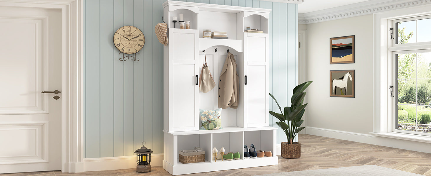 ON-TREND Modern All-in-One Hall Tree with Adjustable Shelves, Classic Arched Farmhouse Storage Bench with Dual Side Cabinets, Elegant Entryway Organizer with 7 Hooks for Mudroom, Hallway, White - Grand Goldman Shop