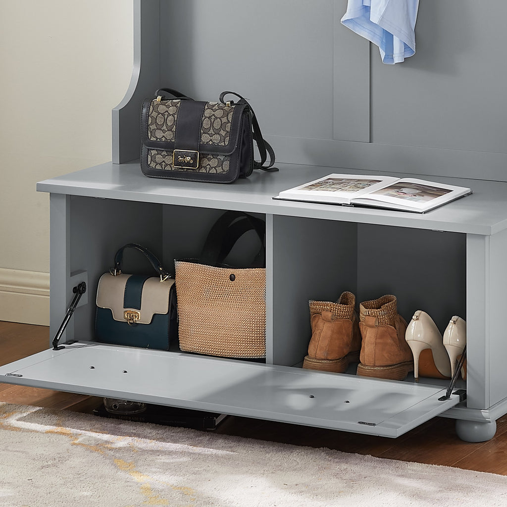 Modern Classic Hall Tree with Shoe Rack Bench and Coat Hooks for Hanging Storage, Entryway Bench with Open Shelves and Shoe Cabinets 40.16'W*18.58'D*64.17'H GRAY - Grand Goldman Shop