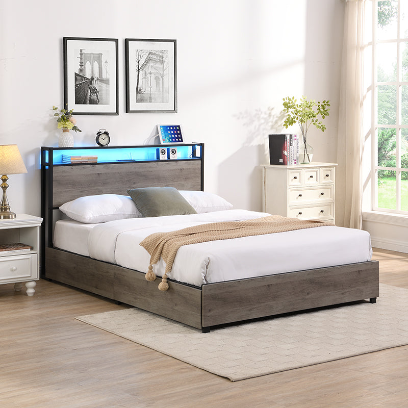 Full Bed Frame, Storage Headboard with Charging Station, Solid and Stable, Noise Free, No Box Spring Needed, Easy Assembly - Grand Goldman Shop