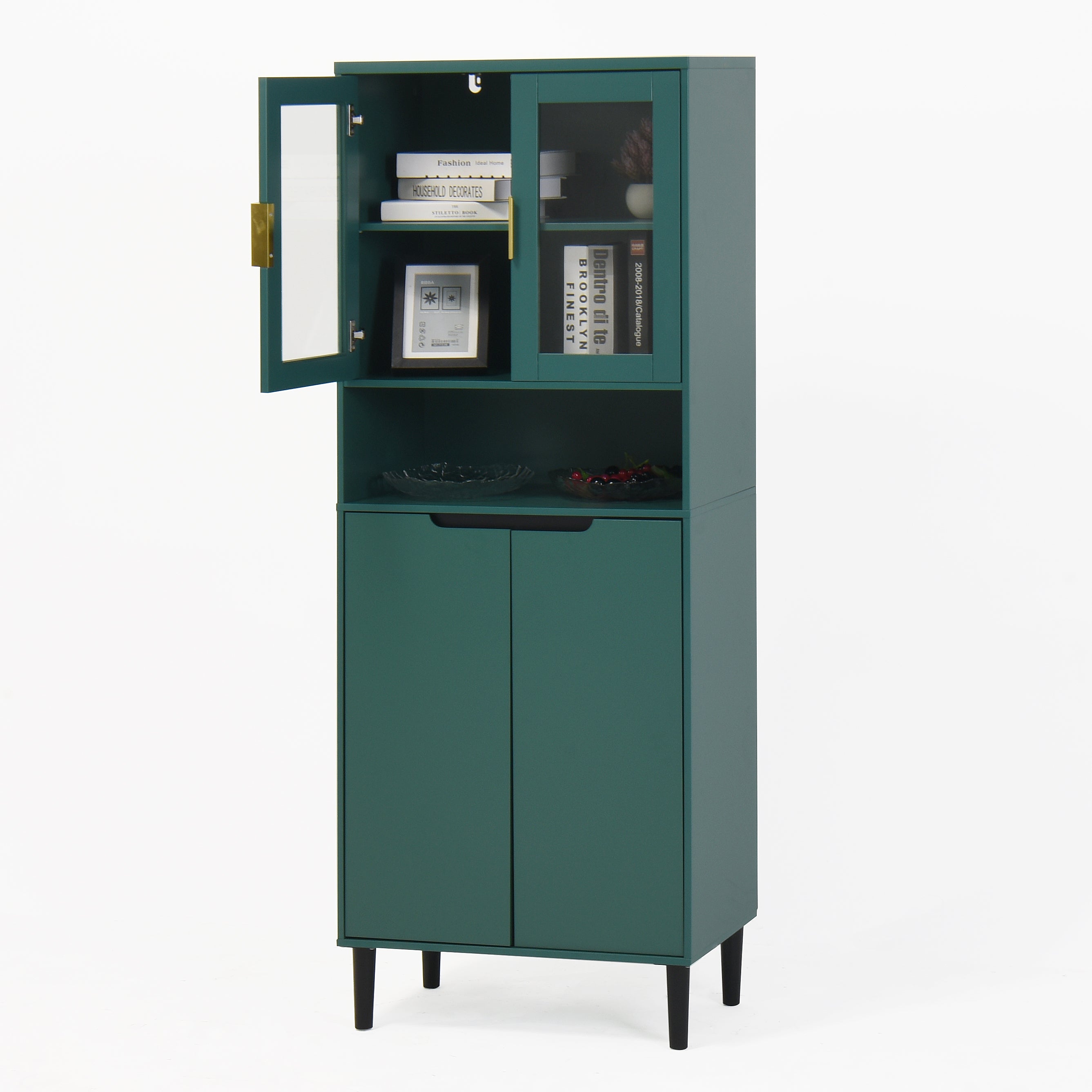 Tempered Glass Door Tall Storage Bookcase with adjustable board, 4 doors MDF painting finished cabinet, Green, Living room Bedroom storage - Grand Goldman Shop