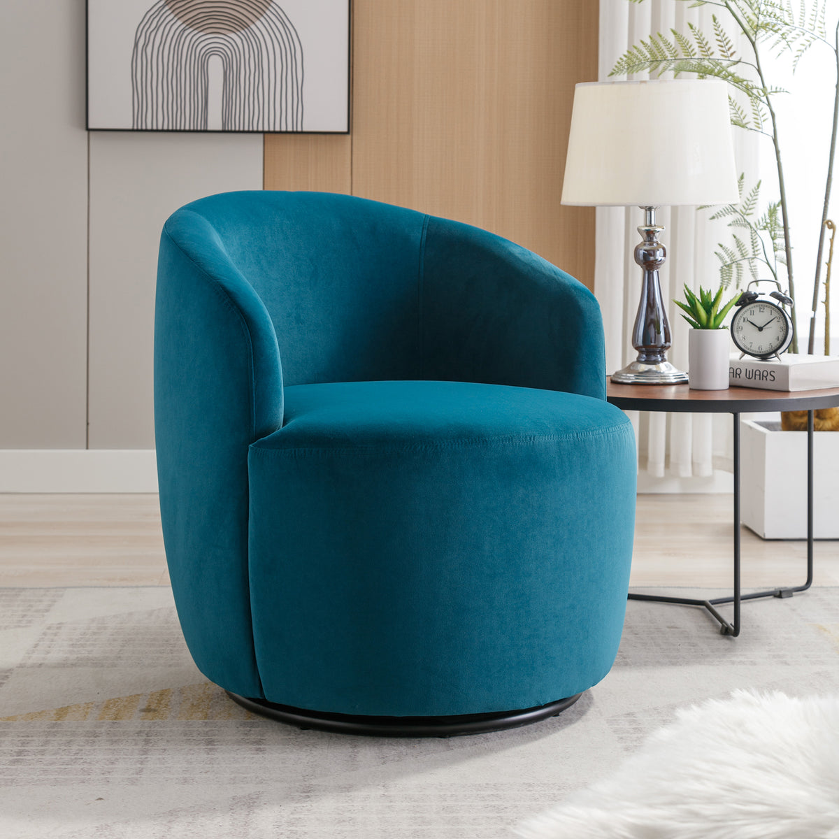 Velvet Fabric Swivel Accent Armchair Barrel Chair With Black Powder Coating Metal Ring,Teal - Grand Goldman Shop