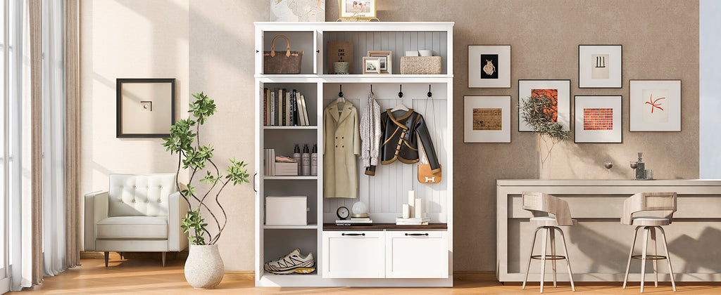 3-in-1 Hall Tree with Overhead Storage Cabinet, 3 Adjustable Side Shelves, 4 Heavy-Duty Hooks, 2 Spacious Drawers, Grooved Back Panel Design, Contrasting Seat Bench, Multifunctional Entryway Organizer - Grand Goldman Shop