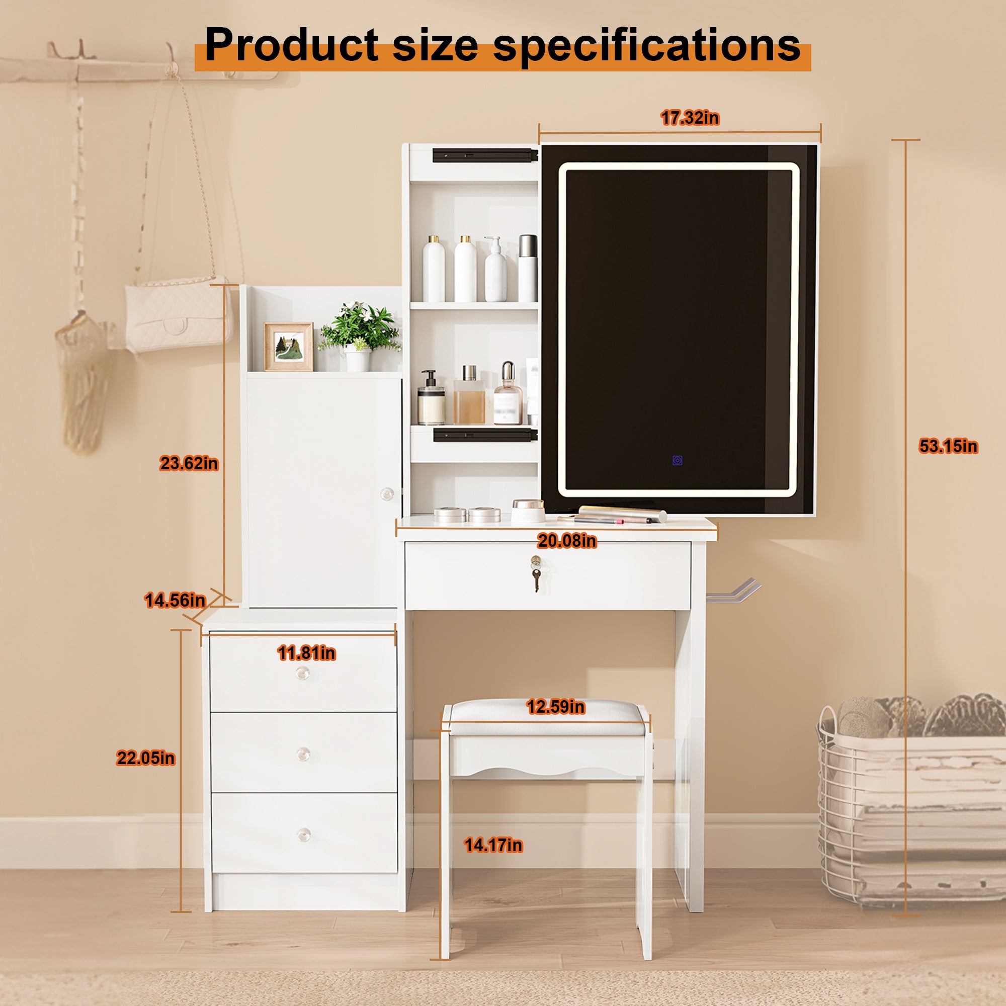 Vanity Desk Set with Sliding Lighted Mirror, Makeup Dressing Table with 4 Drawers & 9 Storage Spaces, Hidden Compartments and Cushioned Stool, White Beauty Furniture for Bedroom - Grand Goldman Shop