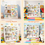 New Kids Bookshelf and Toy Storage Organizer, Multifunctional 4 Tier Wooden Kids Book Shelf with  Bookcase Display Stand in K
