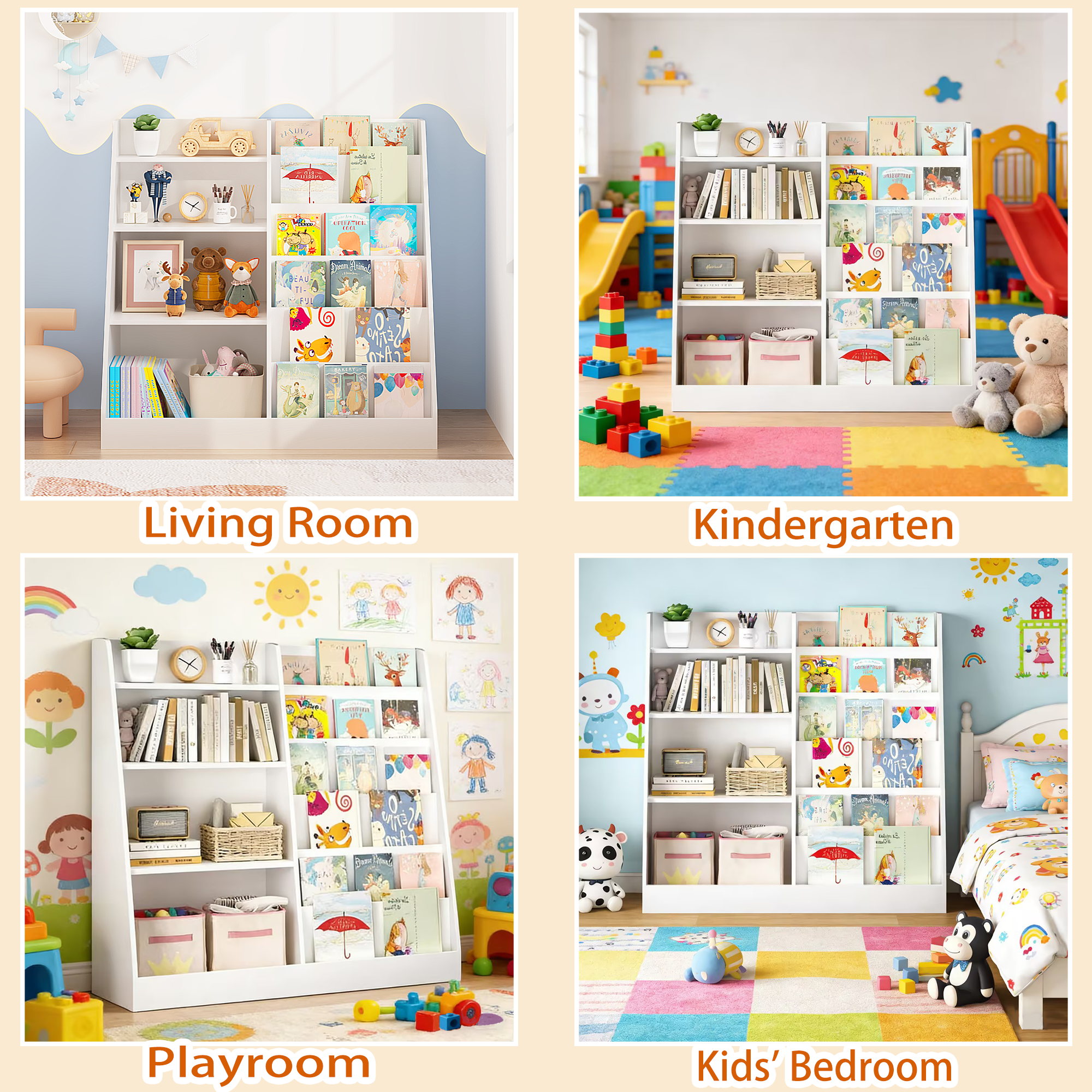 New Kids Bookshelf and Toy Storage Organizer, Multifunctional 4 Tier Wooden Kids Book Shelf with  Bookcase Display Stand in K