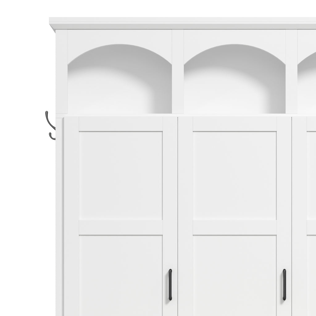 Classic Arched Design Hall Tree with 3 Hidden Storage, Farmhouse Mudroom with Walnut Bench, Mid-Century All-in-One Entryway Organizer with 5 Hooks for Hallway, White - Grand Goldman Shop
