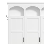 Classic Arched Design Hall Tree with 3 Hidden Storage, Farmhouse Mudroom with Walnut Bench, Mid-Century All-in-One Entryway Organizer with 5 Hooks for Hallway, White - Grand Goldman Shop